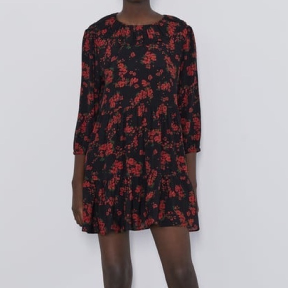 Zara Floral Red Poppy Ruffle Mini Chiffon Dress - Picture 1 of 14